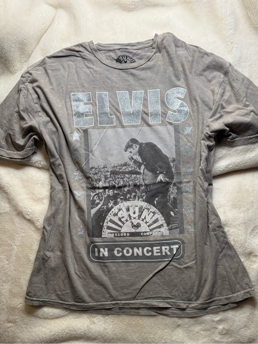 Elvis Presley Sun Records In Concert Glitter Graphic Tee Large Gray 100% Cotton